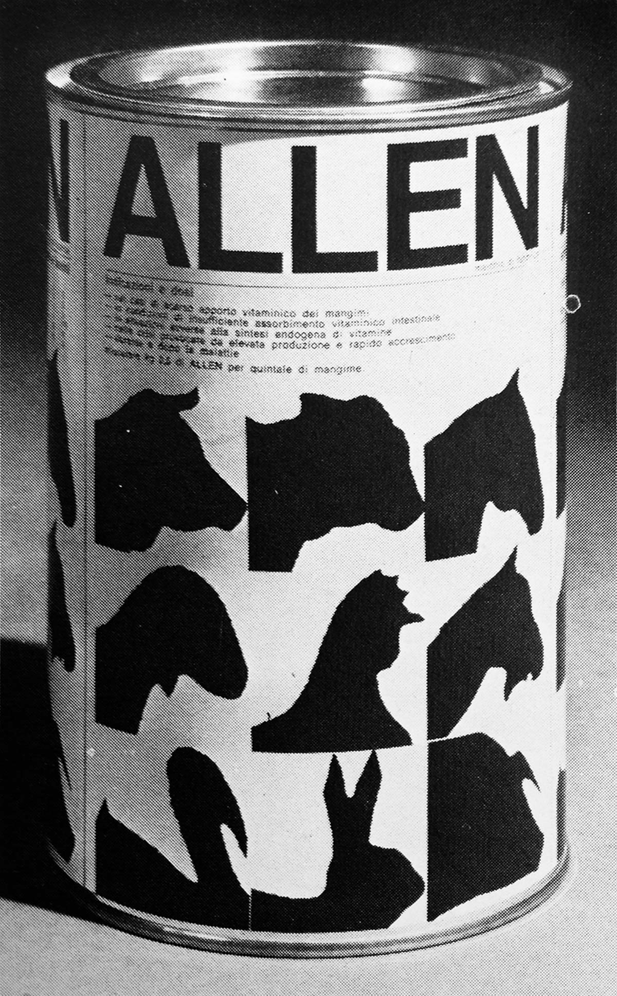 Этикетка Allen для банки с кормом для животных от Армандо Милани, 1972 год.